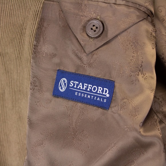Stafford Mens 42R Brown Taupe Corduroy Sport Coat Blazer Elbow‎ Patch - Picture 15 of 16